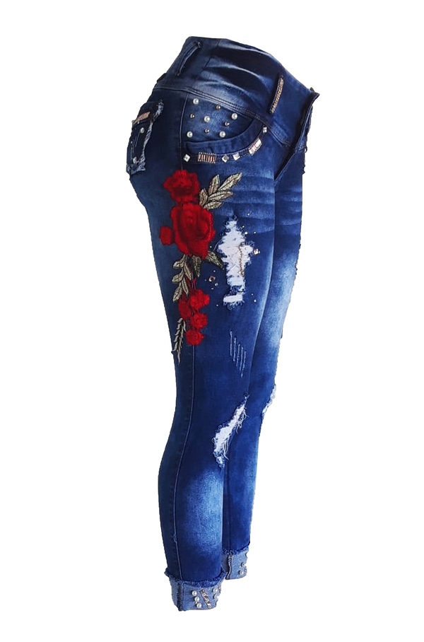 Bluette's Push-Up Skinny Jeans - EMBROIDERY of a red rose - Inc.